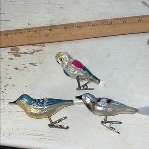 3 Antique Mercury Glass German Christmas clip on Ornaments Bird owl